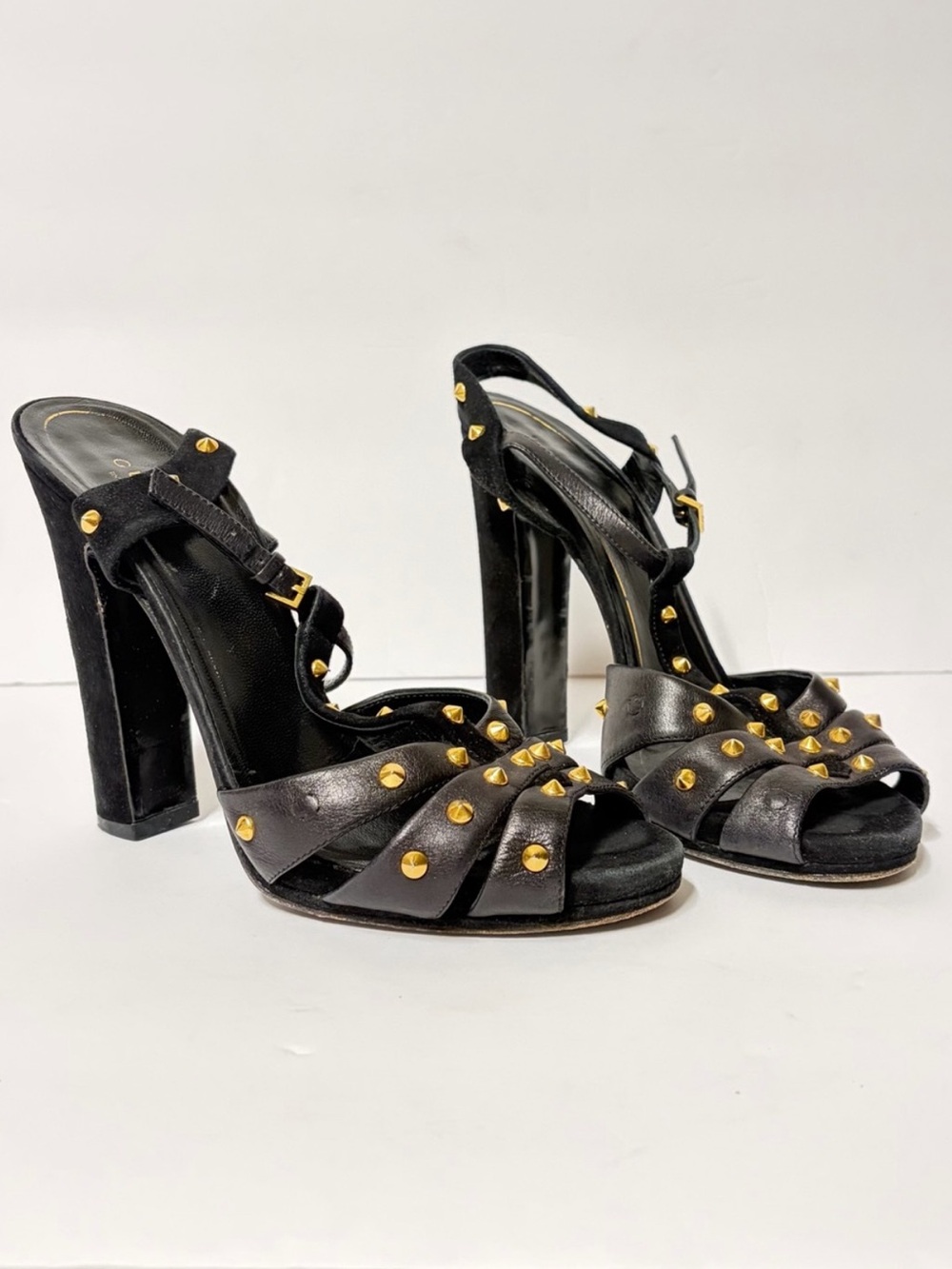 Gucci Black Leather Studded Block Heel Ankle T‑Strap Sandals